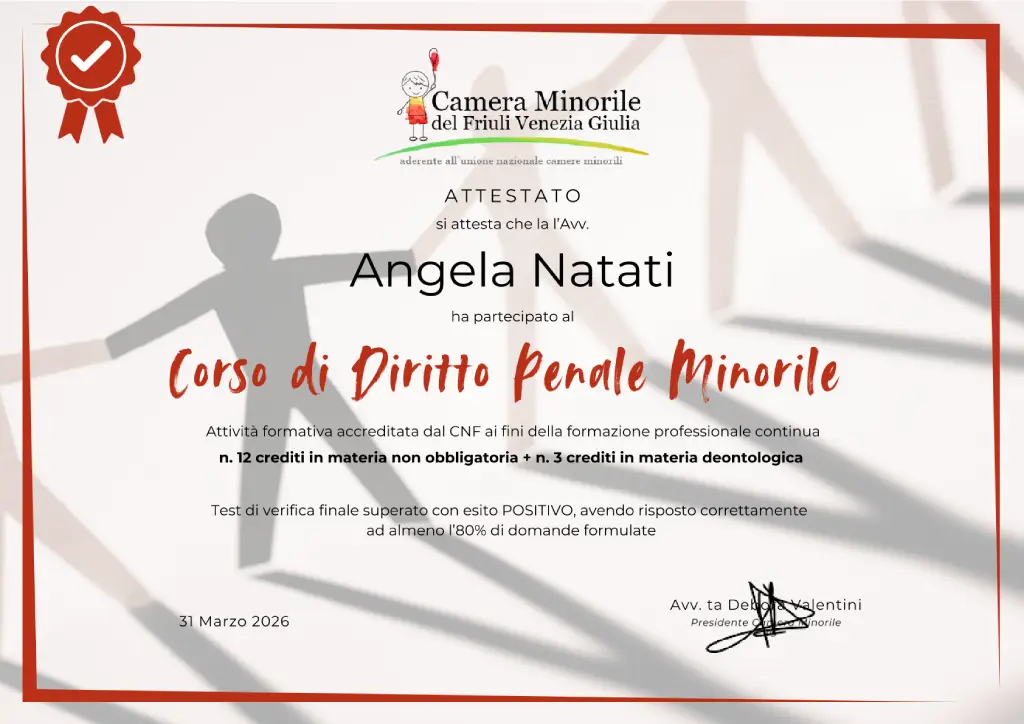 Attestato di partecipazione al "Corso di Diritto Penale Minorile della Camera Minorile del Friuli Venezia Giulia" (2026)