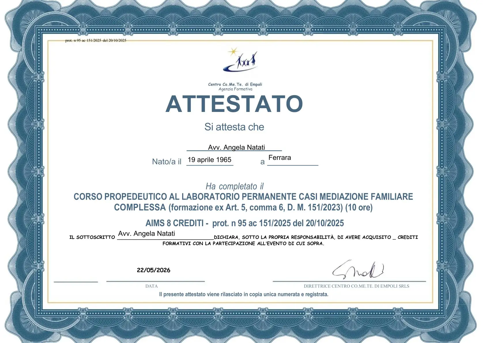 Attestato di partecipazione al "Corso propedeutico al laboratirio permanente casi mediazione familiare complessa" (2026)