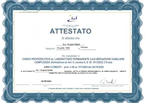 Attestato di partecipazione al "Corso propedeutico al laboratirio permanente casi mediazione familiare complessa" (2026)