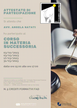 Attestato di partecipazione al corso in materia successoria (2023)